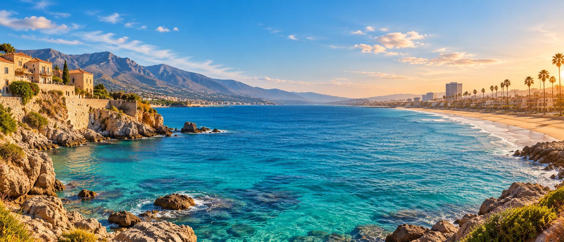 A Cretan cliffside town and turquoise sea flowing into a palm-lined California beach at sunset
