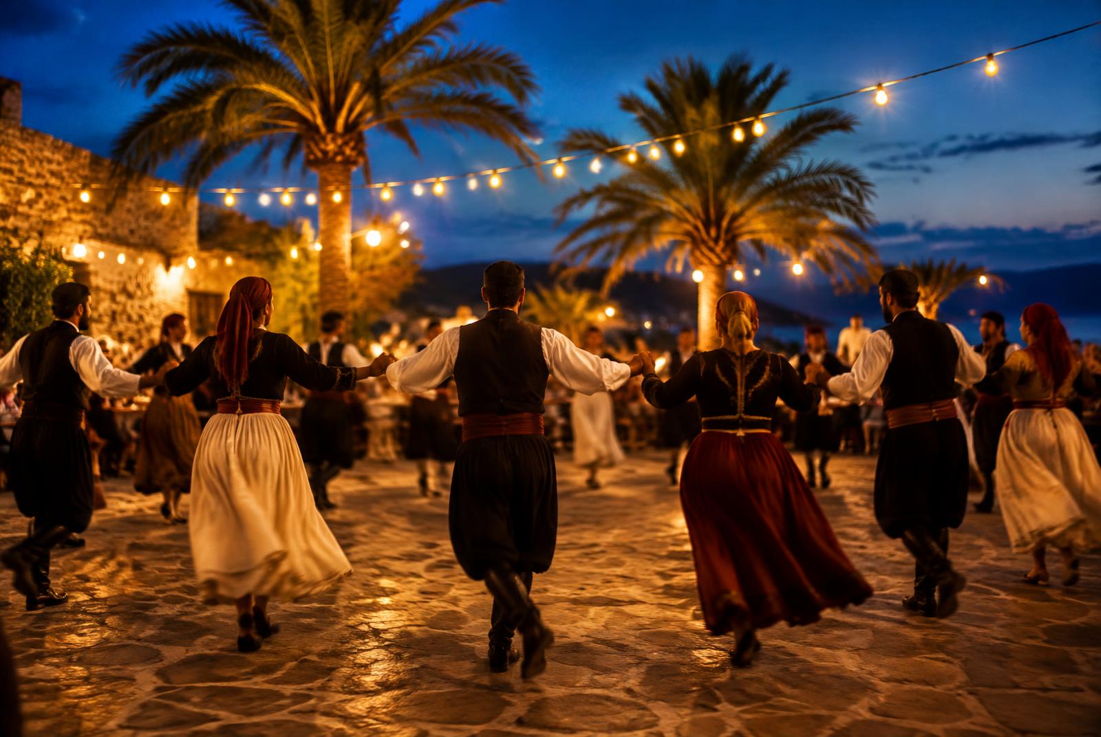 Illustrative image of a Cretan dance celebration under string lights