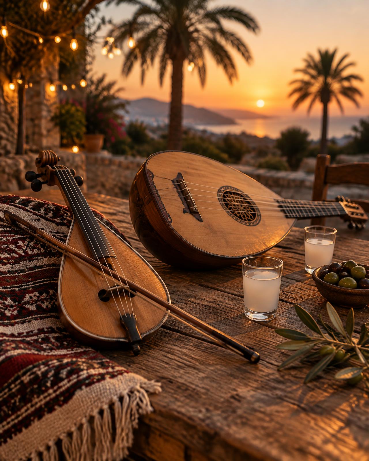 Cretan lyra and laouto on a rustic table at sunset with palm trees
