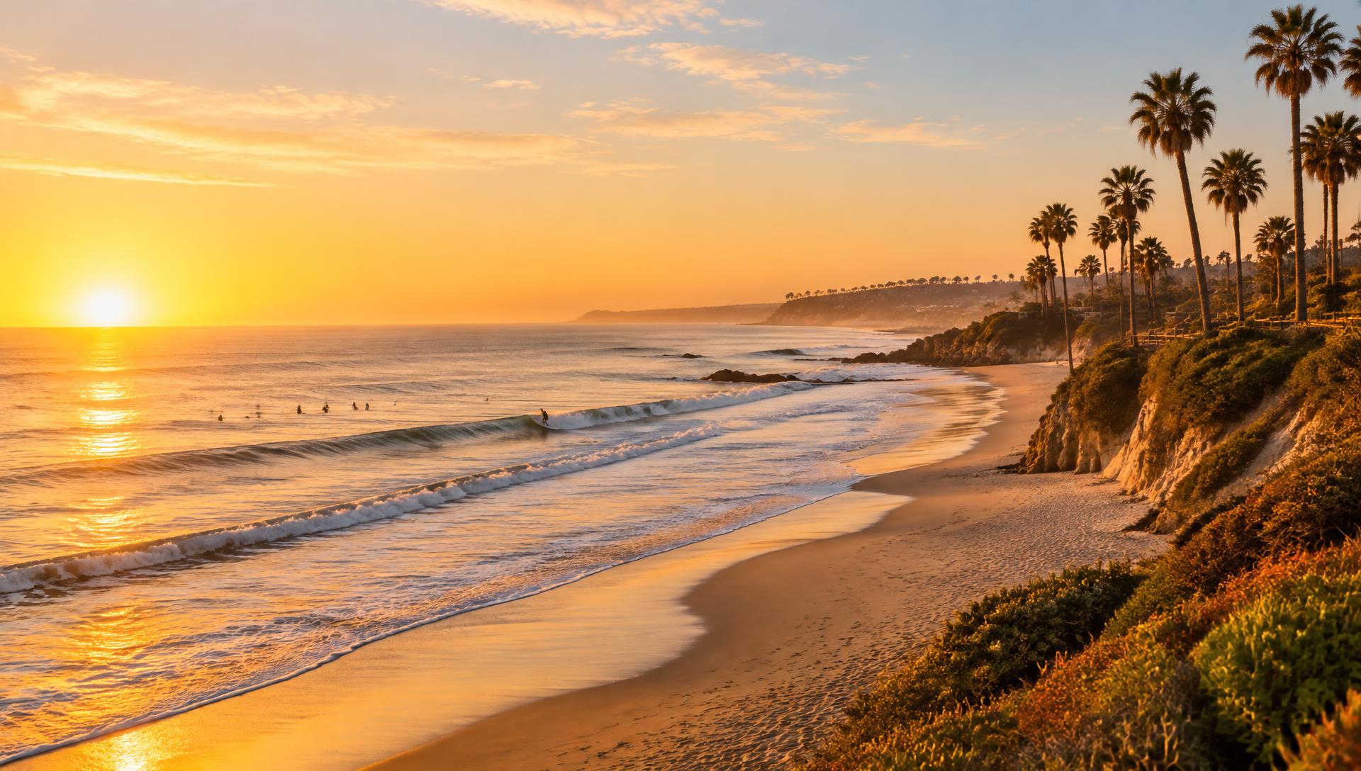 Golden-hour Southern California beach lined with palms