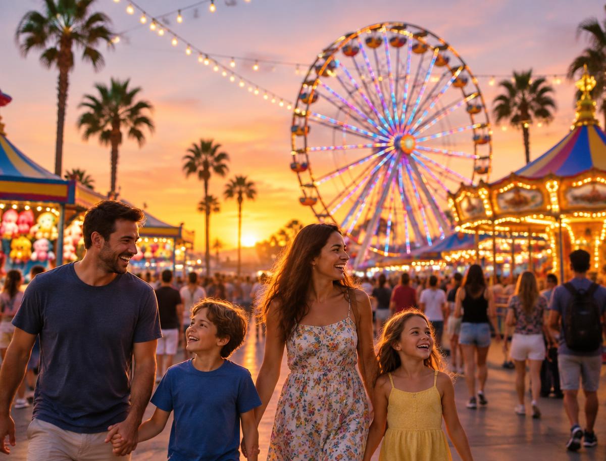 Family enjoying a lively amusement park at sunset