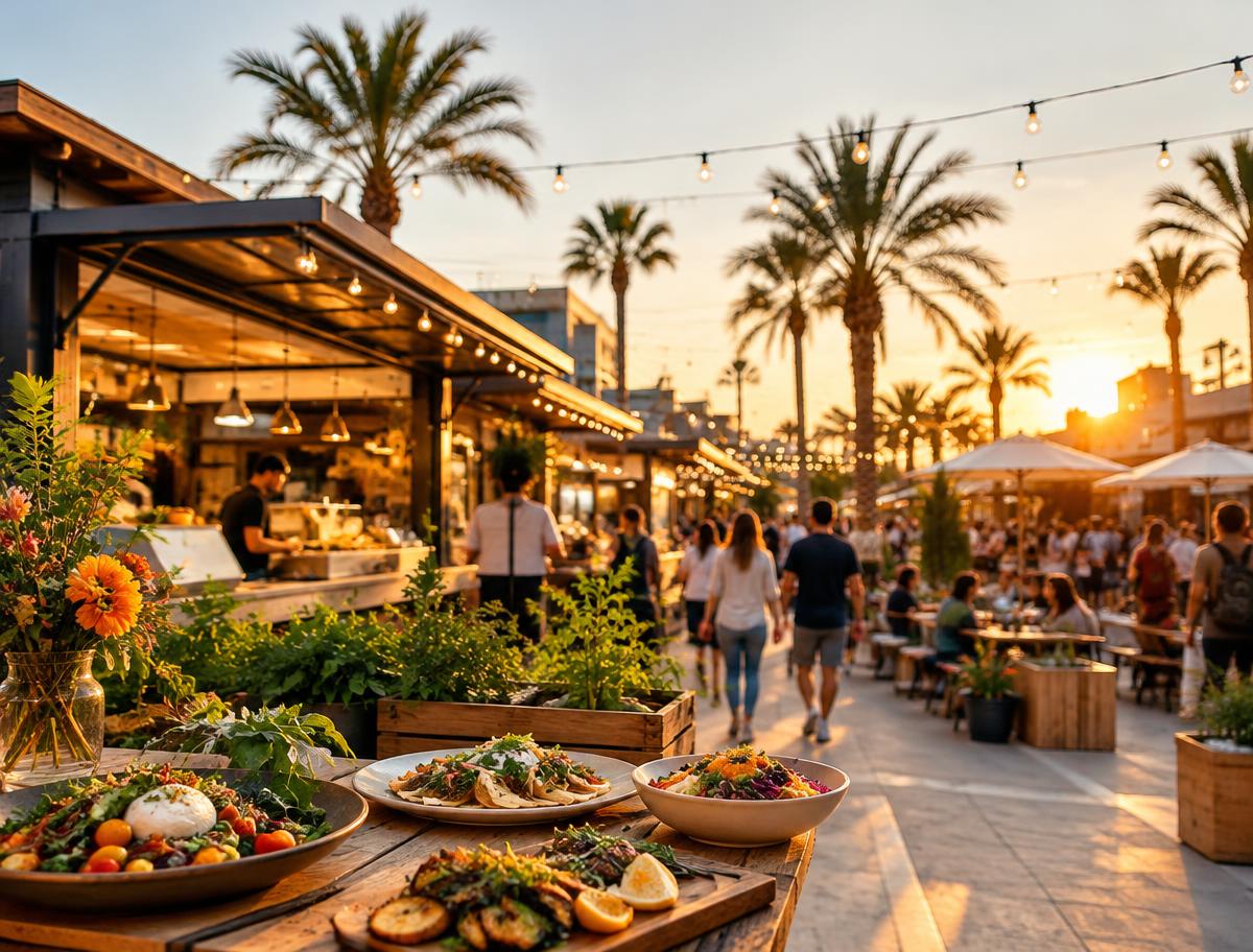 Open-air food hall with string lights and palm trees