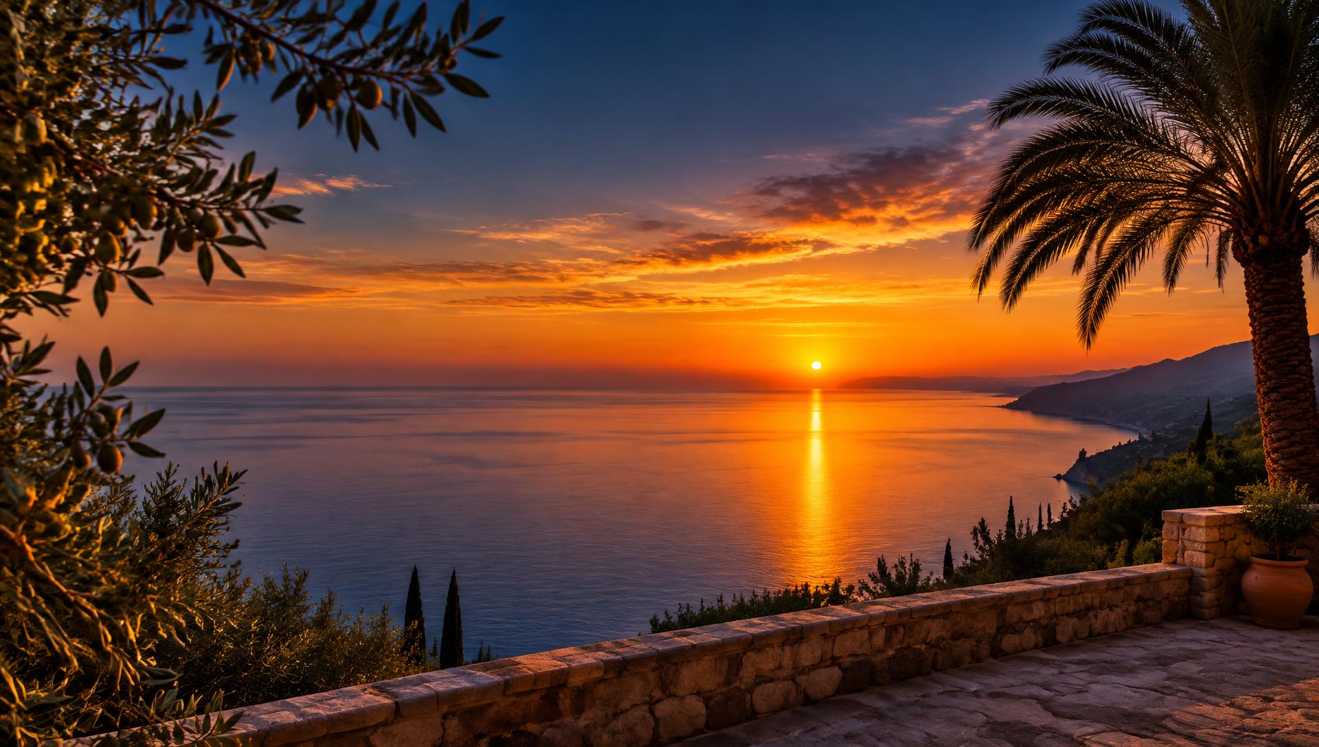 Mediterranean sunset framed by olive branches and a palm tree